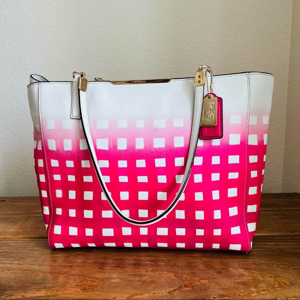 Coach Saffiano Madison Leather Gingham Tote Handbag White and Ruby.